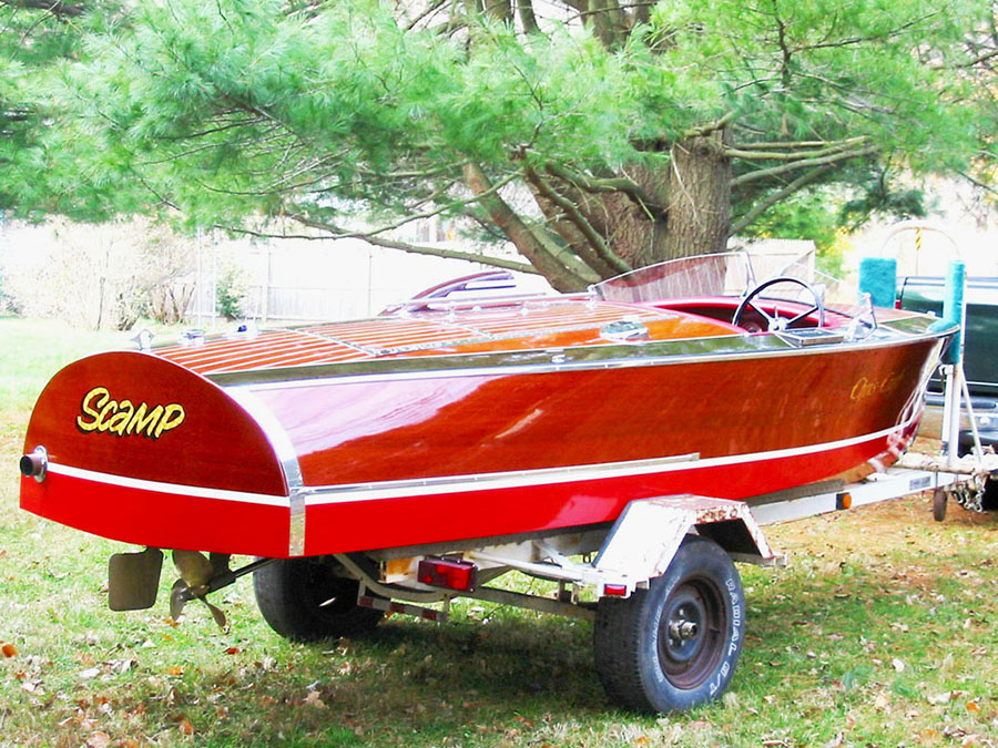 16' 1940 Single Cockpit Barrel Back on trailer, starboard side